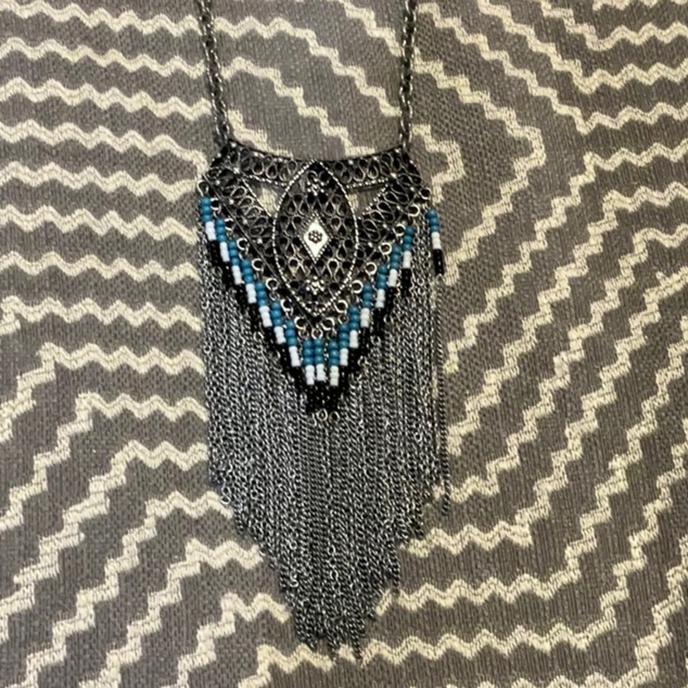 Silver Chain & Fringe Black and Turquoise Blue Beaded Statement Necklace